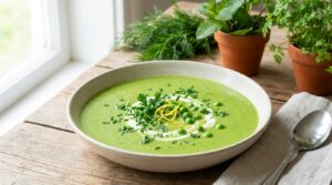Diese Frühlings-Erbsensuppe überzeugt durch ihre würzige Frische