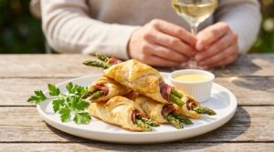 Knusprige Spargelröllchen umhüllt von herzhaftem Schinken im Frühling