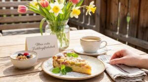 Mein erstes Frühlingsfrühstück mit saftigem Rhabarberkuchen und Minze
