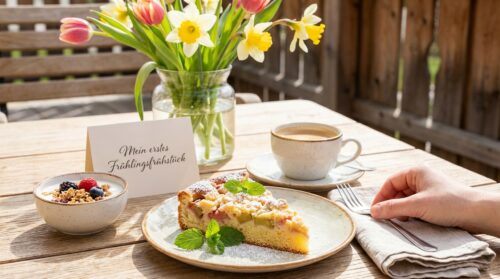 Mein erstes Frühlingsfrühstück mit saftigem Rhabarberkuchen und Minze