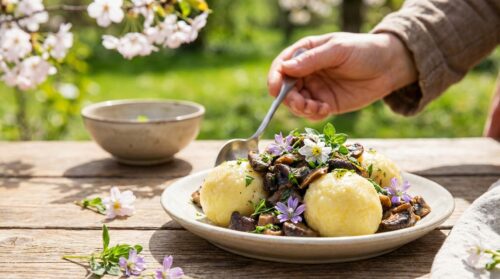 Traditionelle vegane Kartoffelknödel und würziges Pilzragout im Frühling