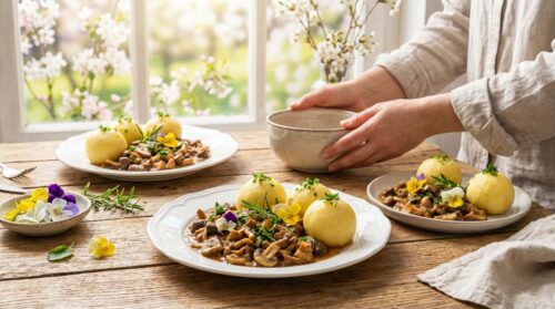 Traditionelle vegane Kartoffelknödel und würziges Pilzragout im Frühling