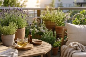 Ruhige Balkon-Auszeit mit Kräutern Tee und Wellness-Öl